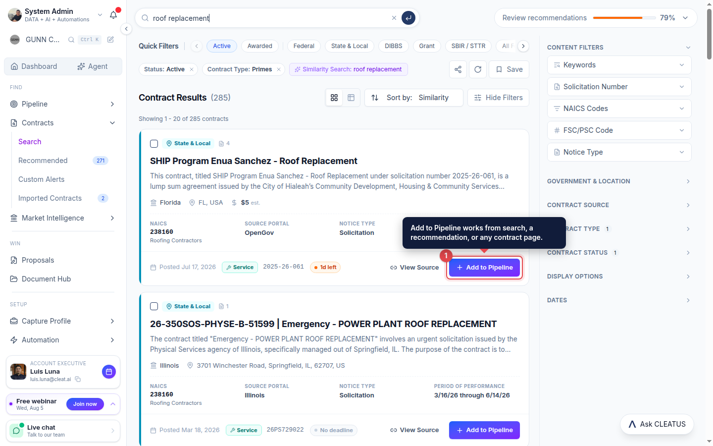 The Add to Pipeline button highlighted on a search result card