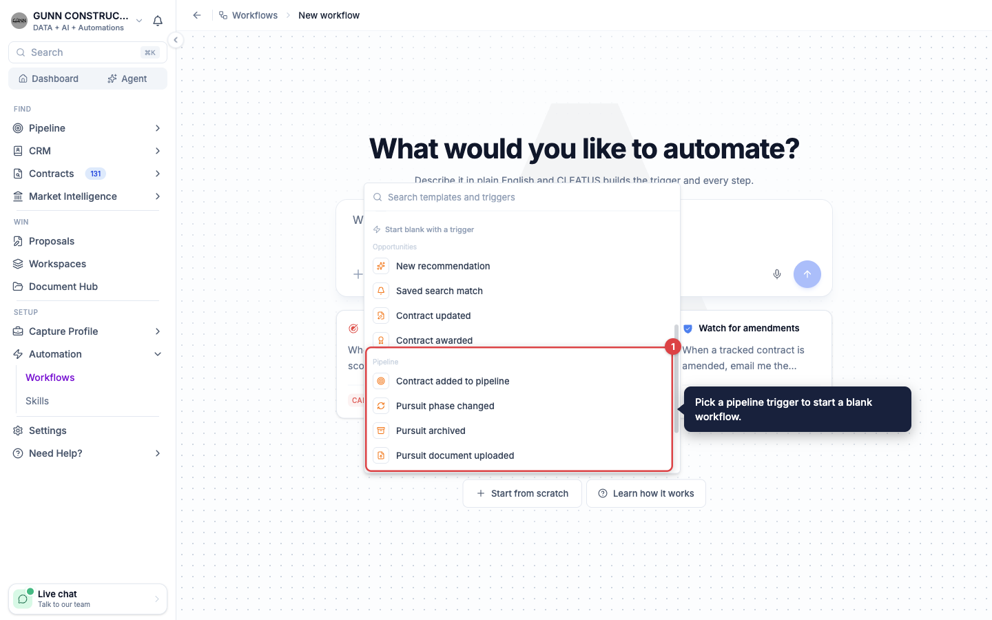 The Pipeline triggers highlighted under Start blank with a trigger on the New workflow page