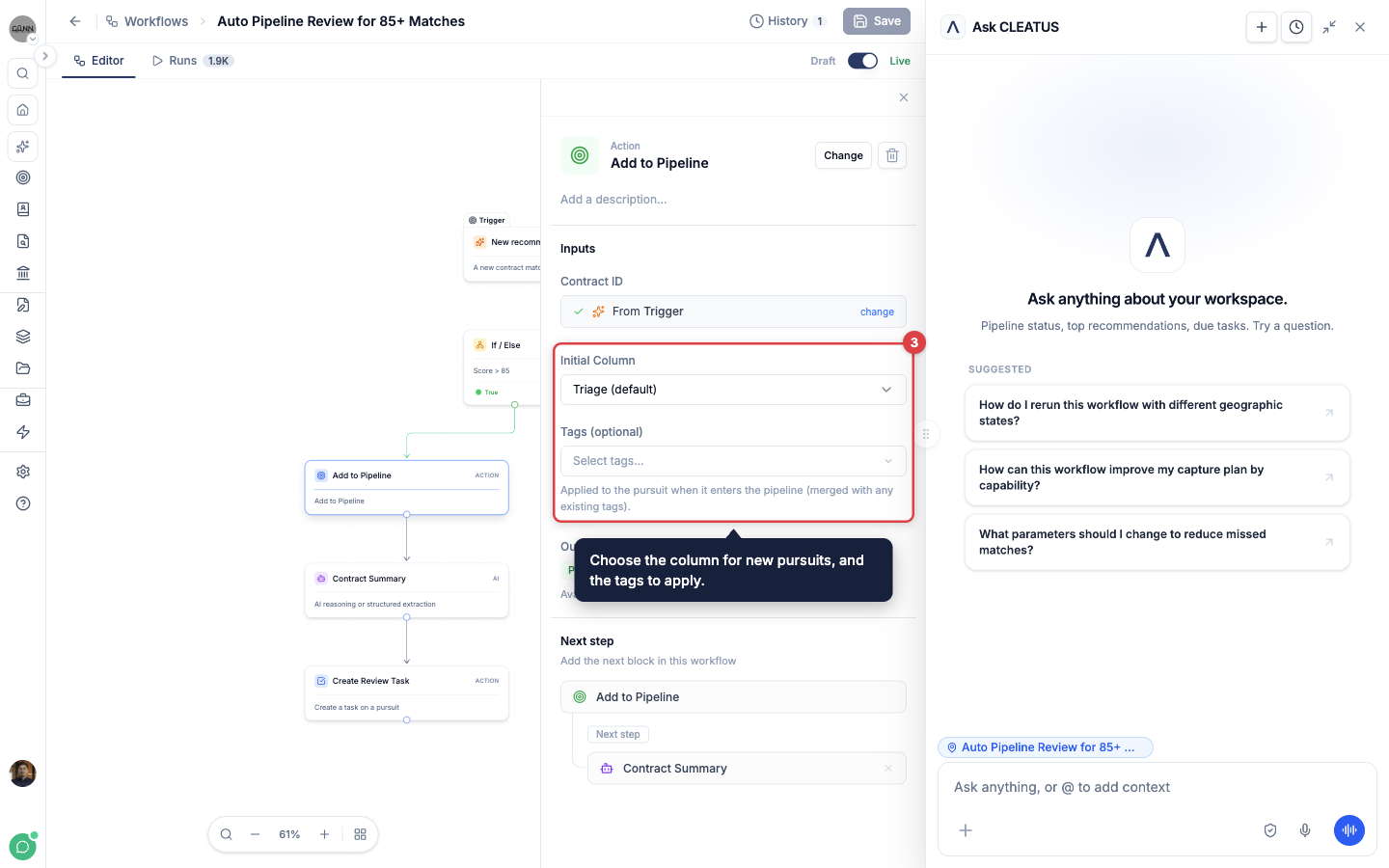 The Initial Column and Tags settings highlighted in an Add to Pipeline step