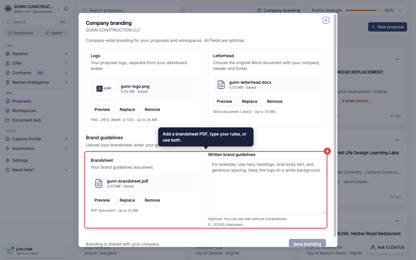 The Brandsheet upload and the Written brand guidelines box highlighted