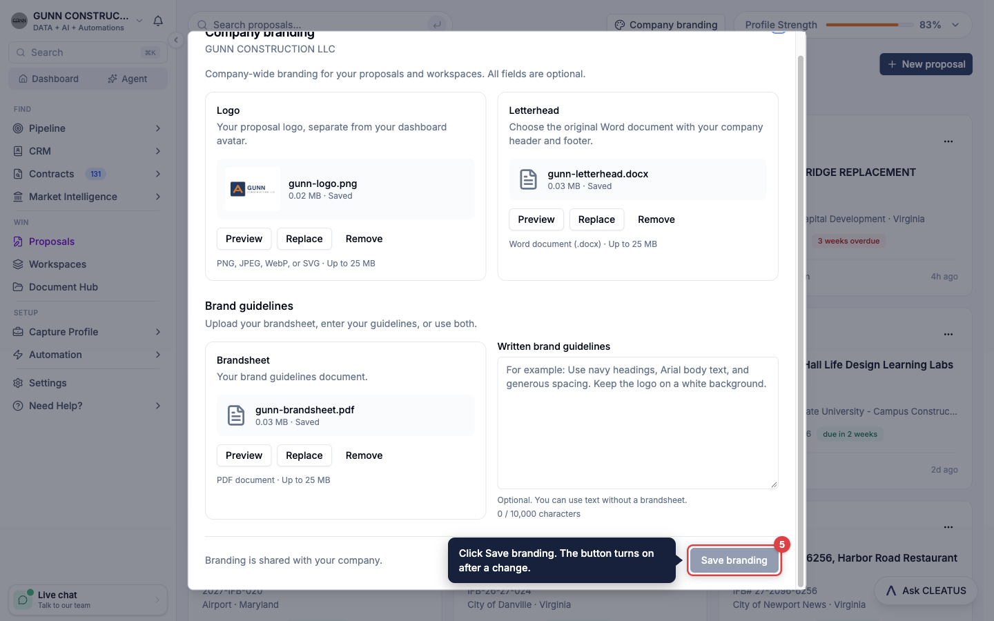 The Save branding button highlighted at the bottom of the Company branding dialog