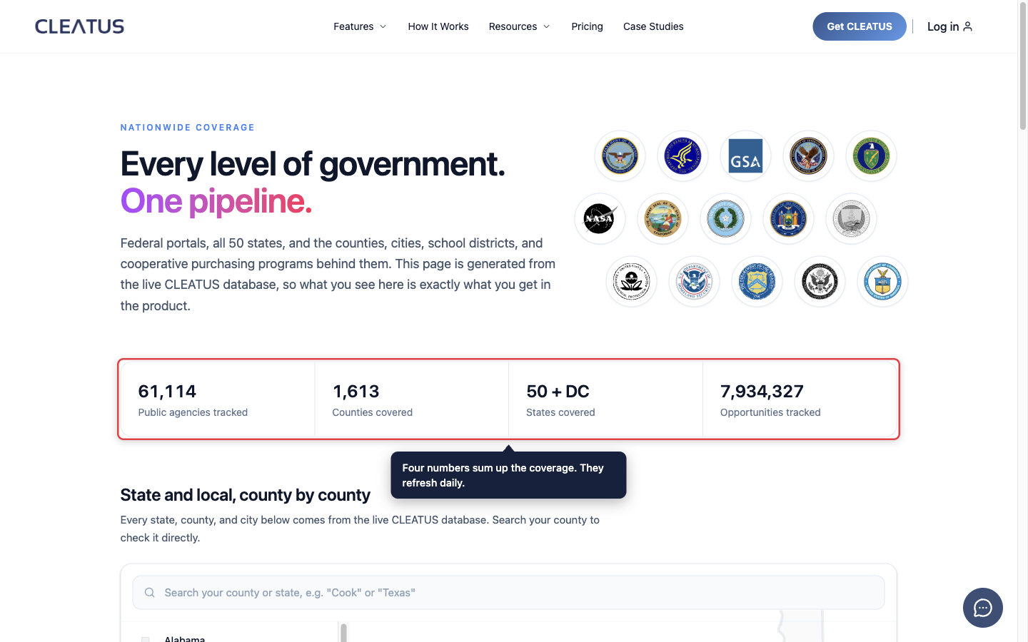 The four coverage totals highlighted: public agencies, counties, states, and opportunities tracked
