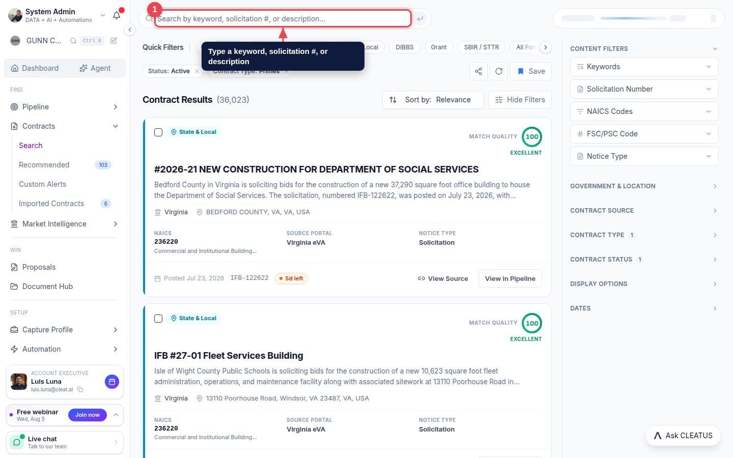 The Contract Search bar highlighted at the top of the page