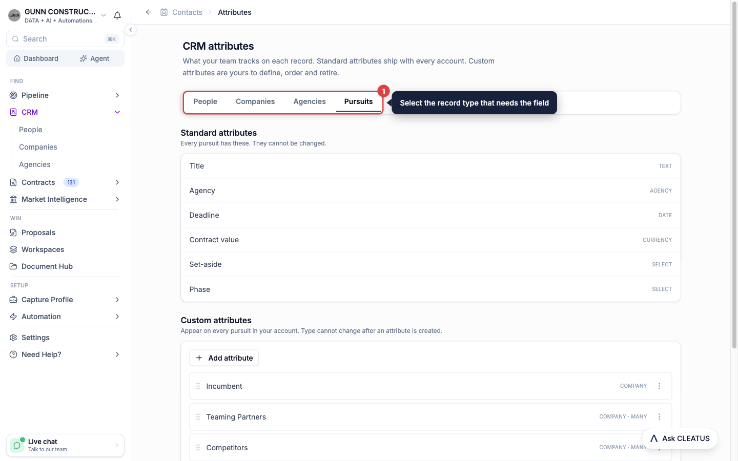 The People, Companies, Agencies, and Pursuits tabs highlighted on the CRM attributes page