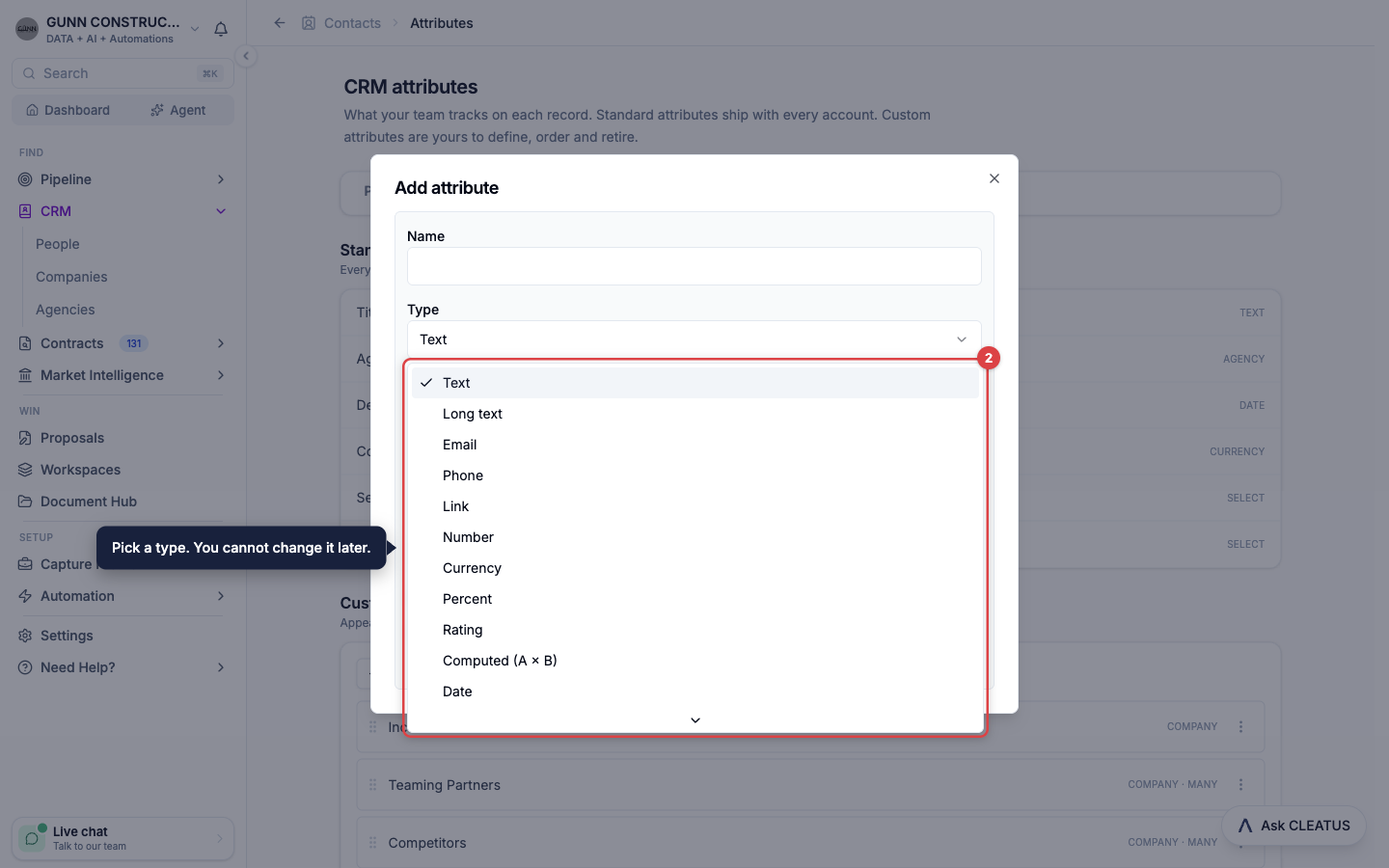 The Type list open in the Add attribute dialog