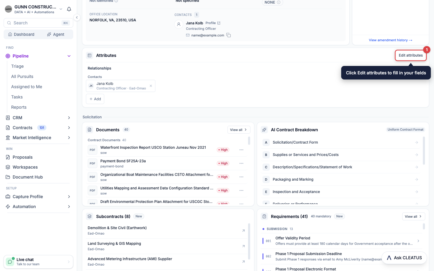 The Attributes card on the Contract Overview tab of a pursuit, with Edit attributes highlighted