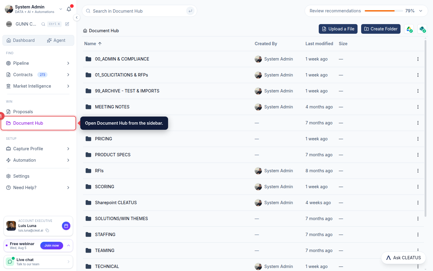 The Document Hub link highlighted in the sidebar
