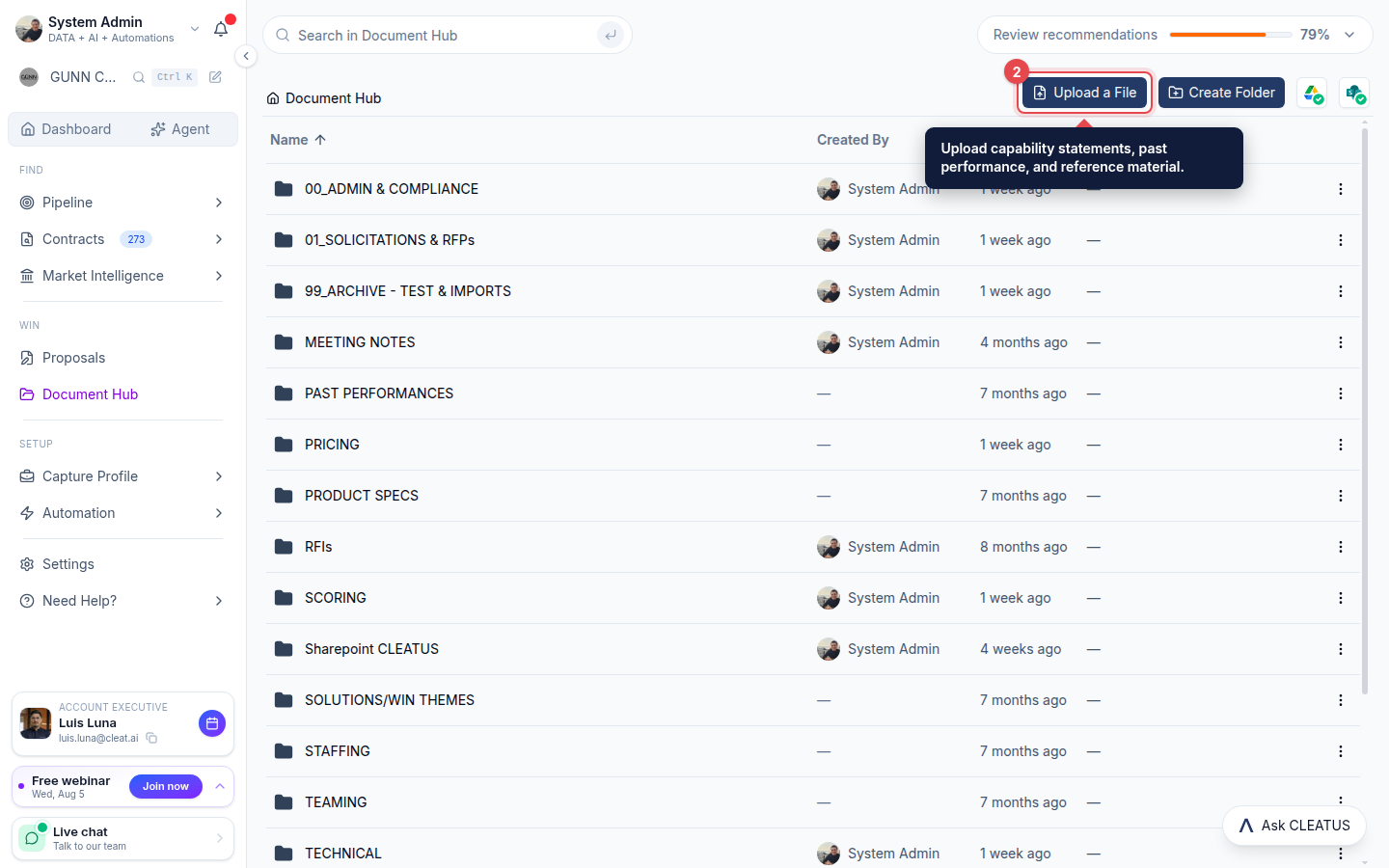 The Upload a File button highlighted on the Document Hub