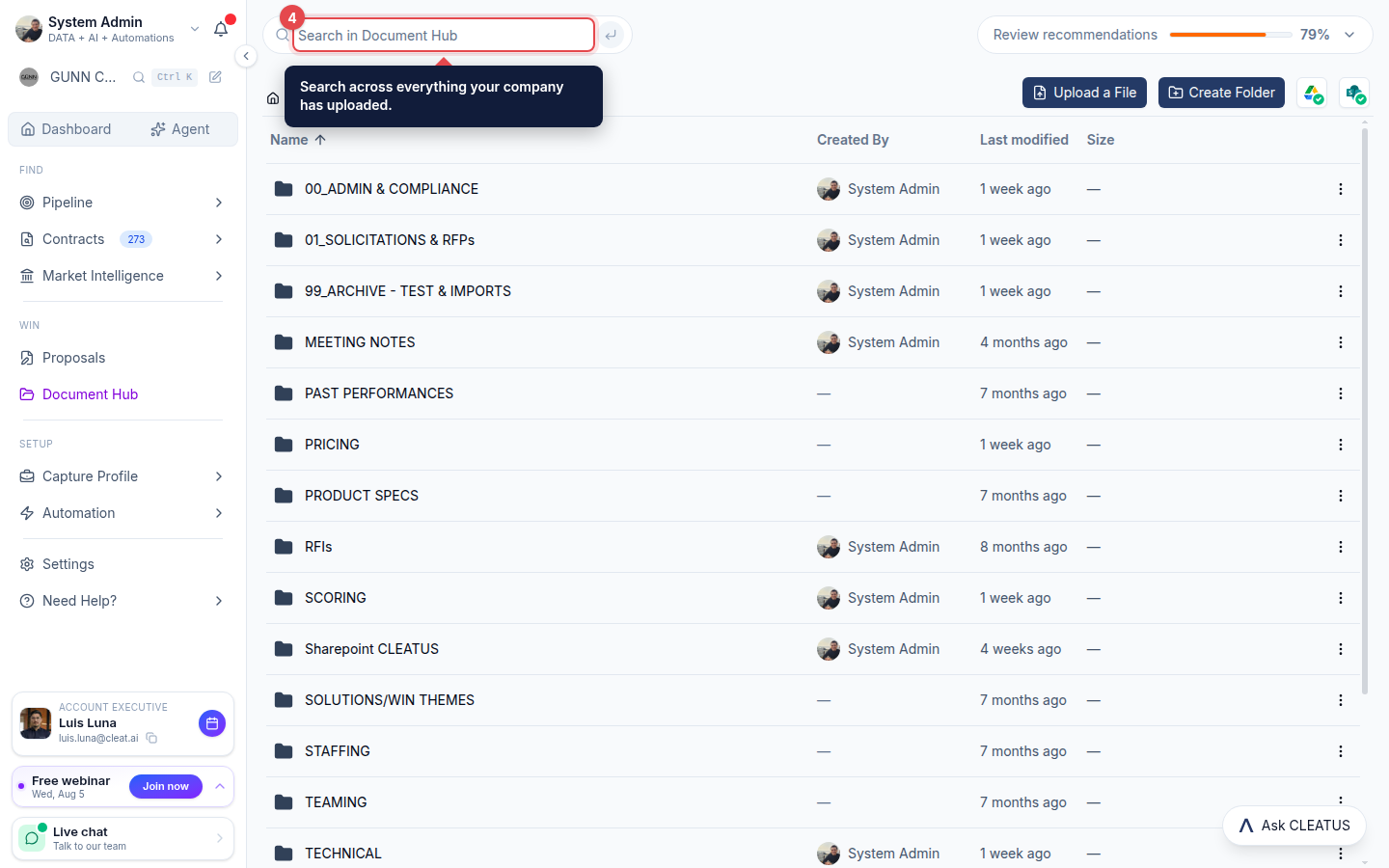 The Document Hub search bar highlighted