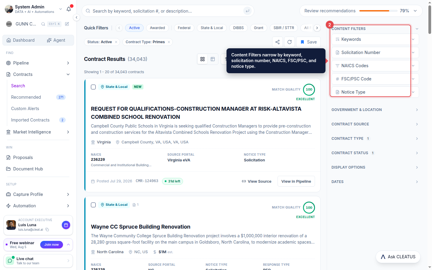 The Content Filters panel highlighted on the right of the results