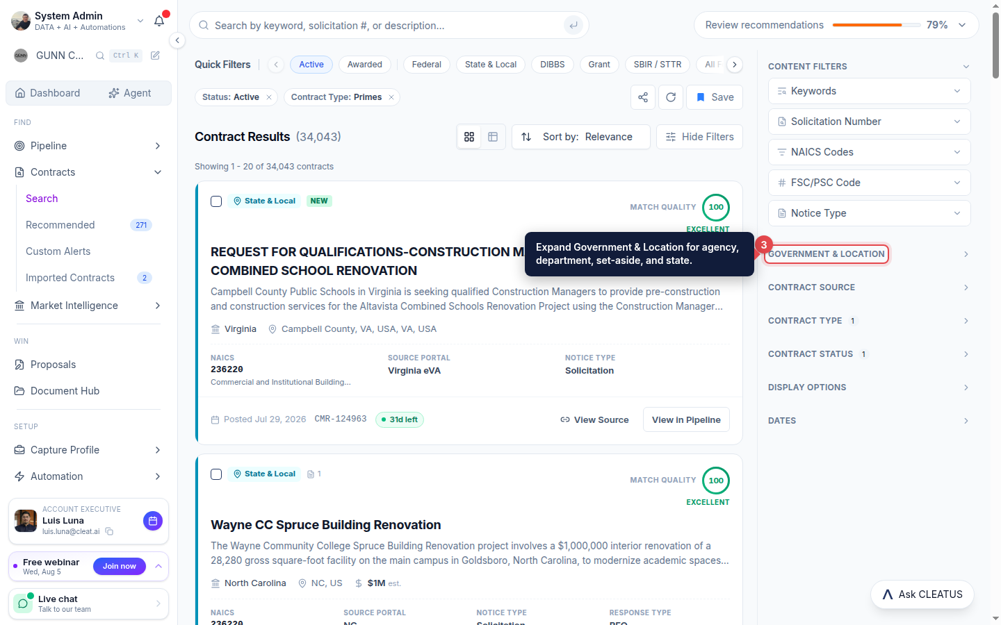 The Government and Location filter section highlighted