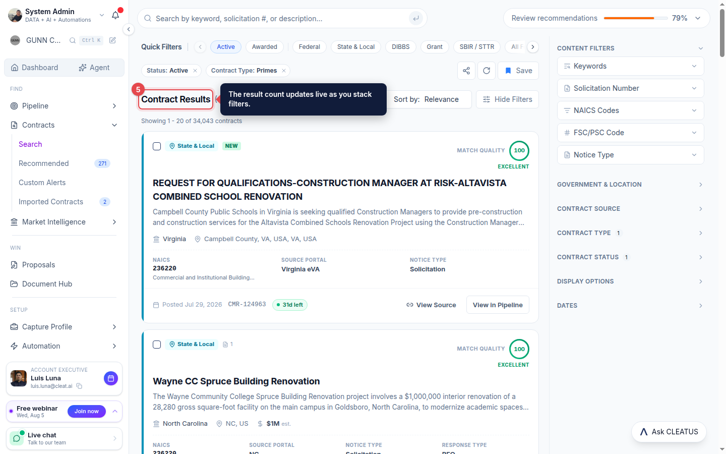The Contract Results count highlighted above the result list