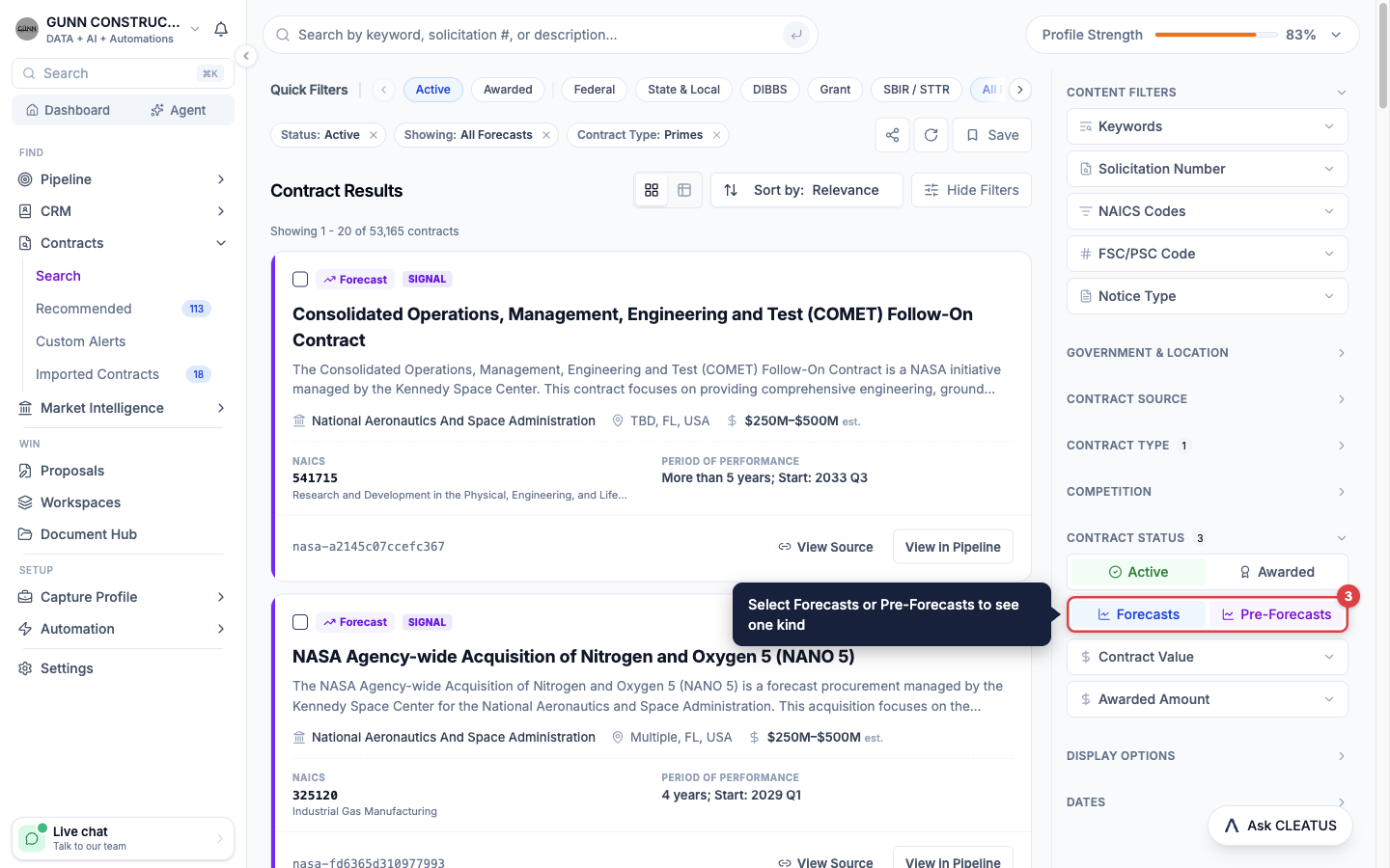The Forecasts and Pre-Forecasts options highlighted under Contract Status in the filter panel