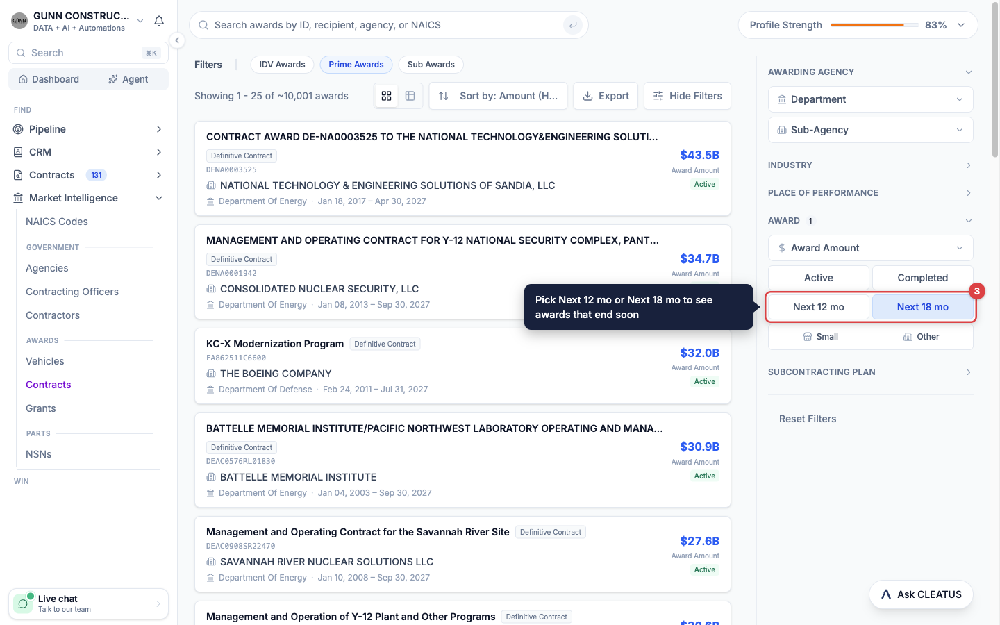The Next 12 mo and Next 18 mo options highlighted in the Market Intelligence award filters