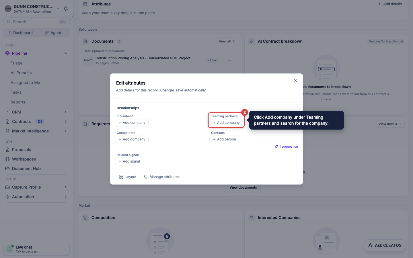 The Edit attributes dialog of a pursuit with the Teaming partners field highlighted