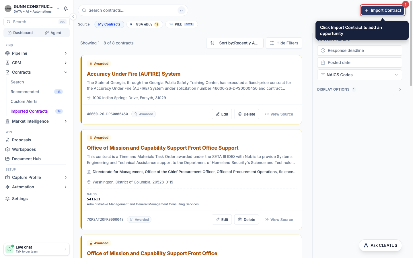 The Import Contract button highlighted at the top right of the Imported Contracts page