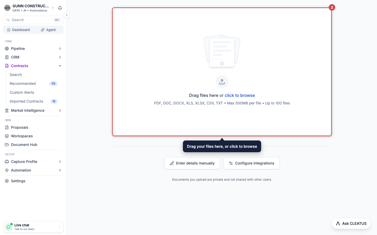 The upload area highlighted on the Import Contract page, above the Enter details manually and Configure integrations buttons