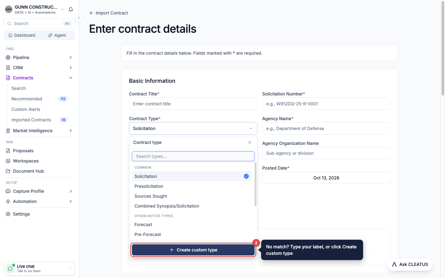 The Contract Type picker open on the manual entry form, with the Create custom type button highlighted