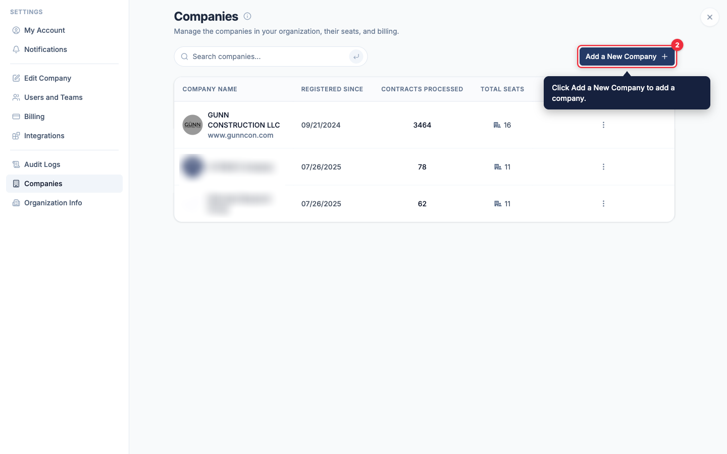 The Add a New Company button highlighted on the Companies page in Settings
