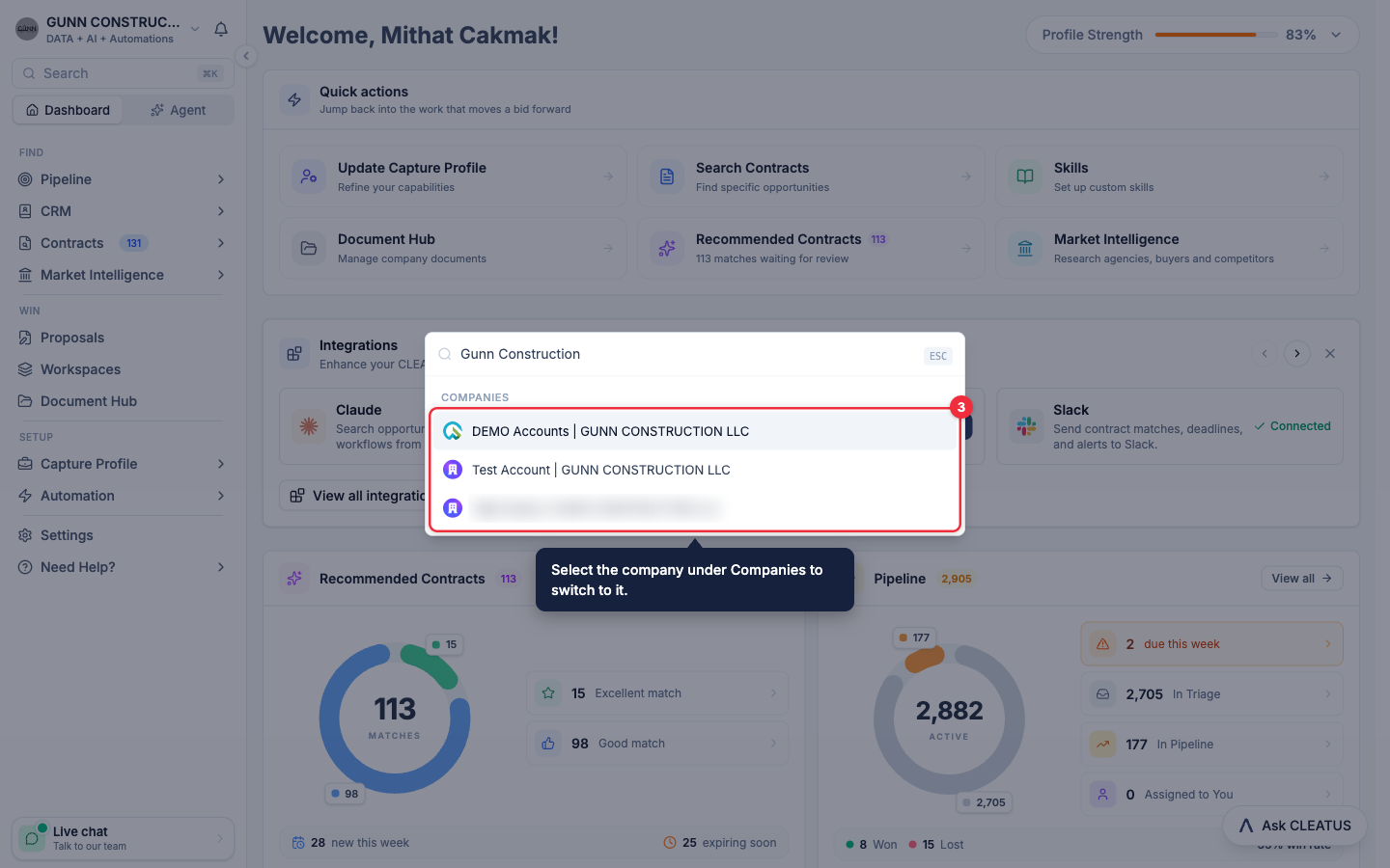 The command palette with company results highlighted under Companies
