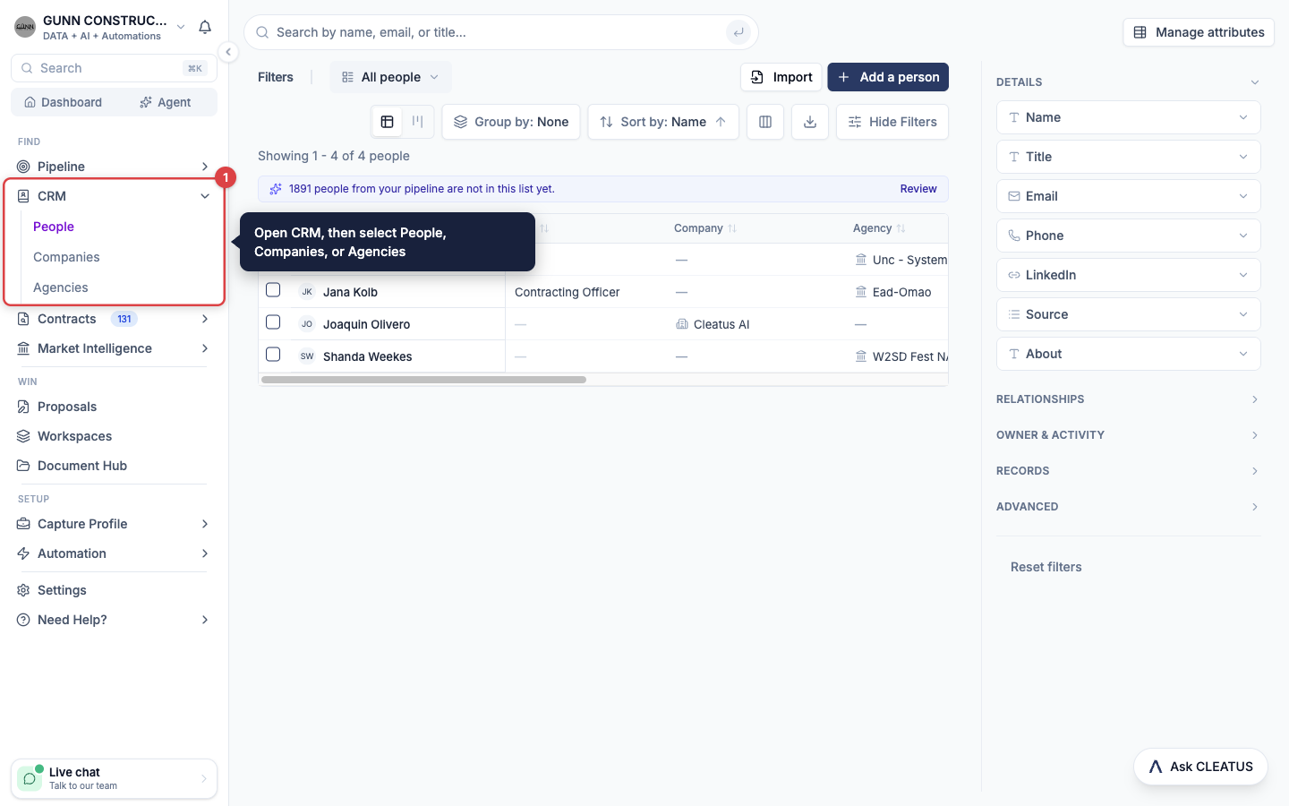 The CRM group open in the sidebar, with People, Companies, and Agencies