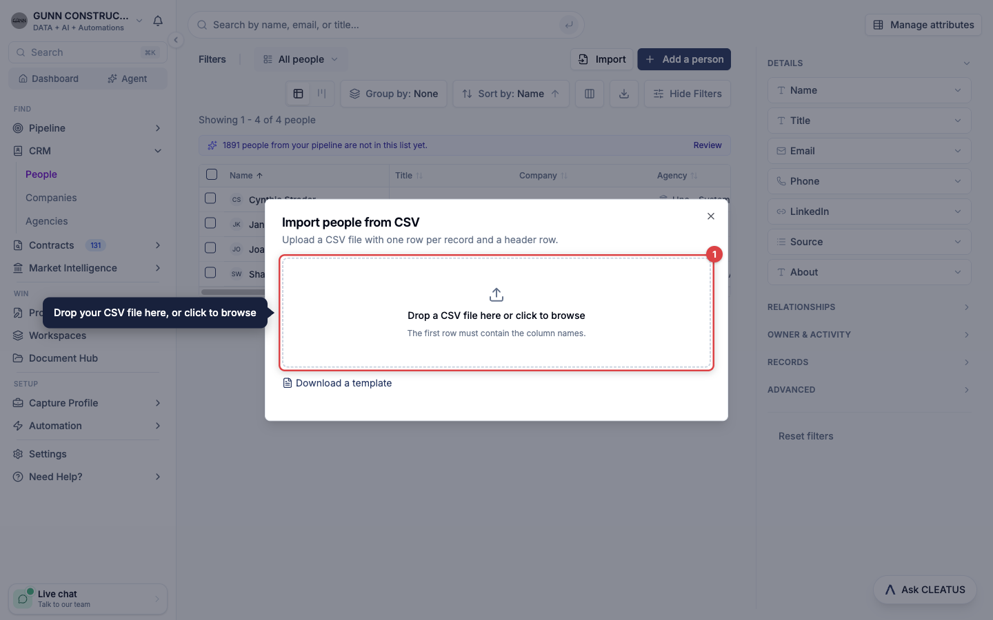 The drop zone highlighted in the Import people from CSV dialog