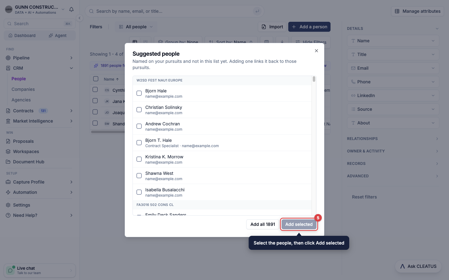 The Suggested people dialog with the Add selected button highlighted