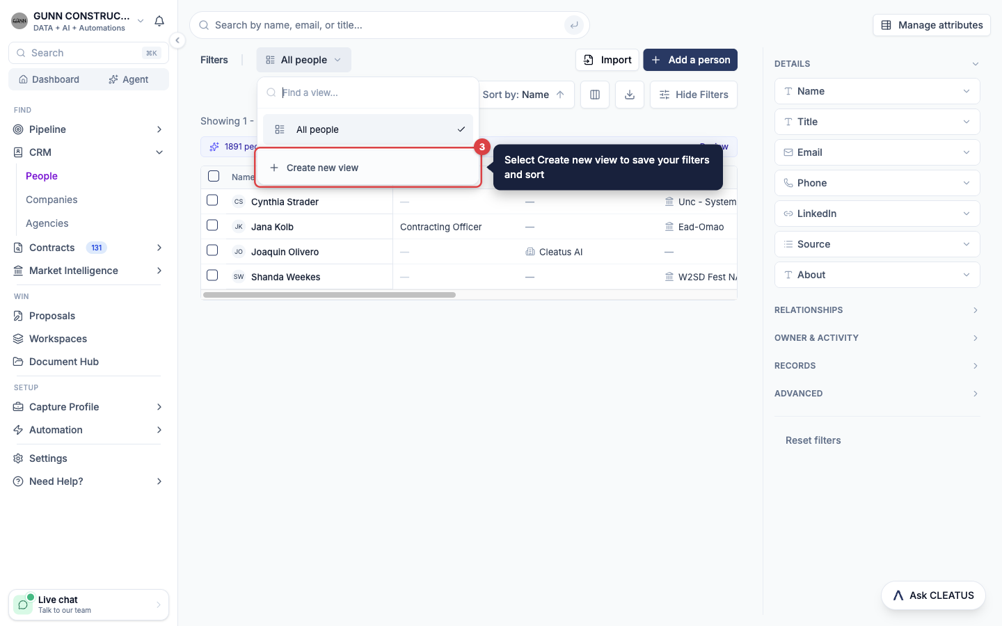 The view list open on People, with Create new view highlighted