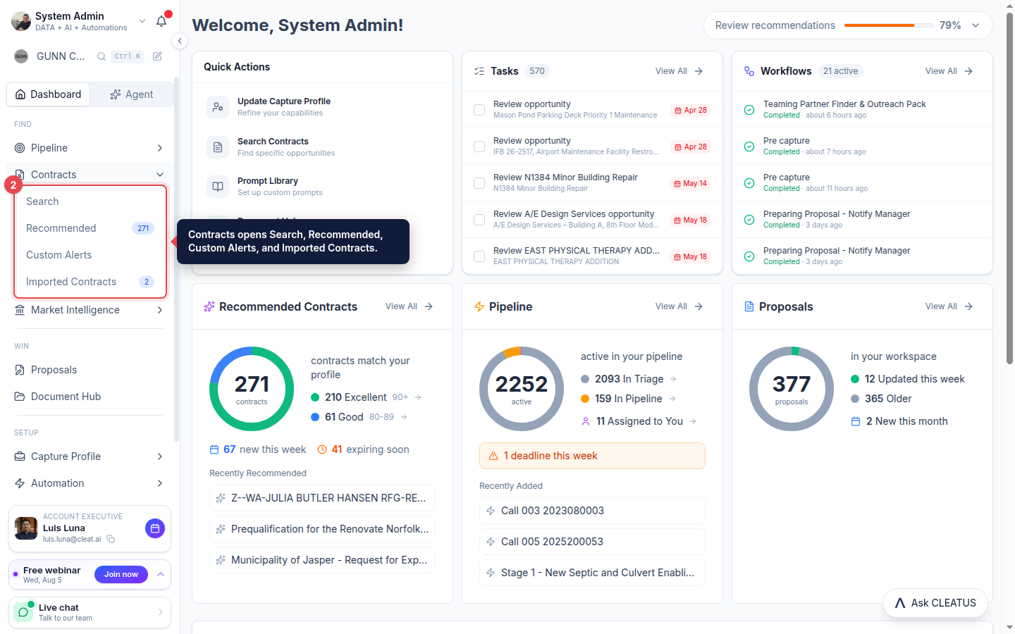 The expanded Contracts sub-navigation highlighted in the sidebar