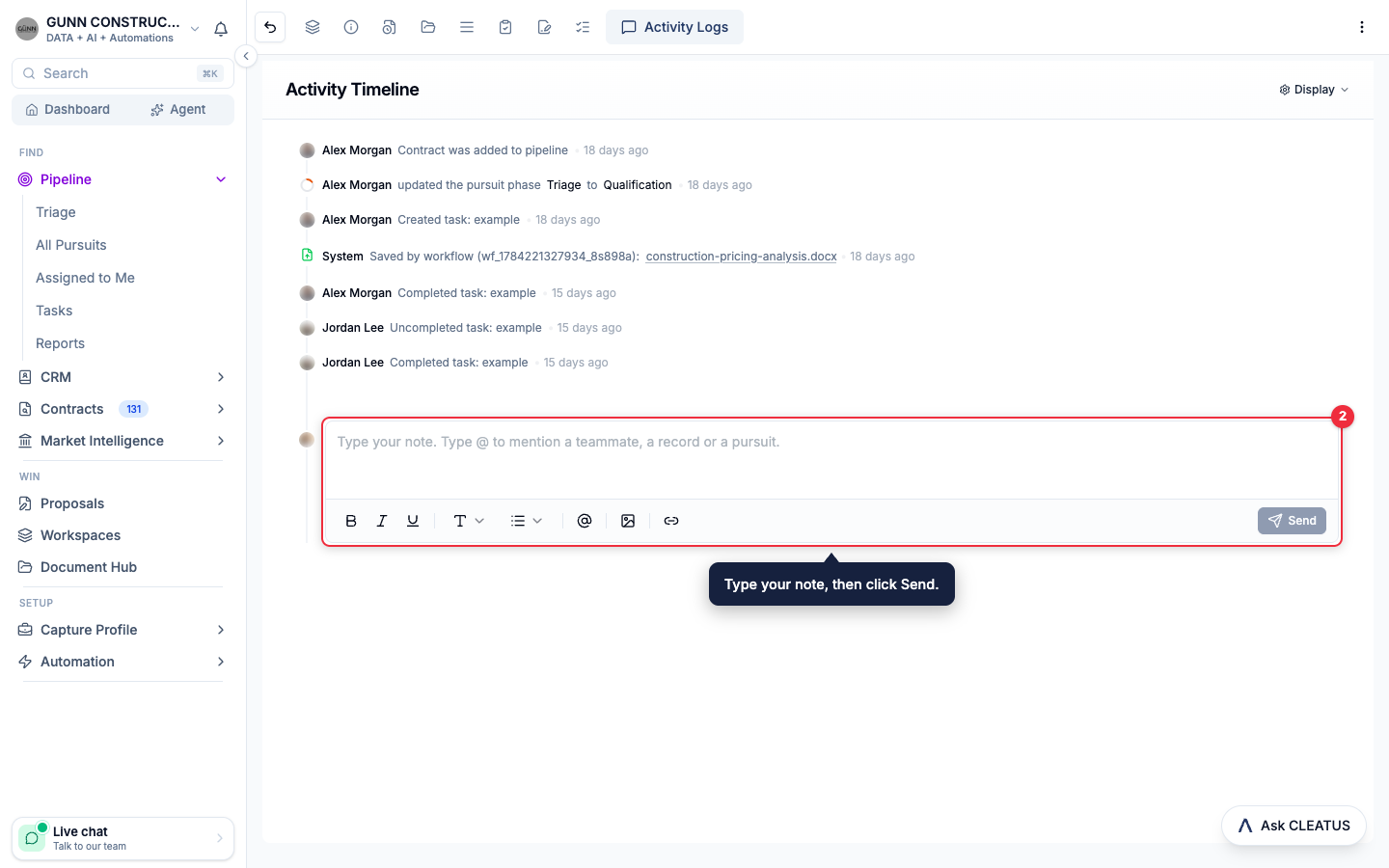 The note box and its toolbar highlighted below the timeline on the Activity Logs tab of a pursuit