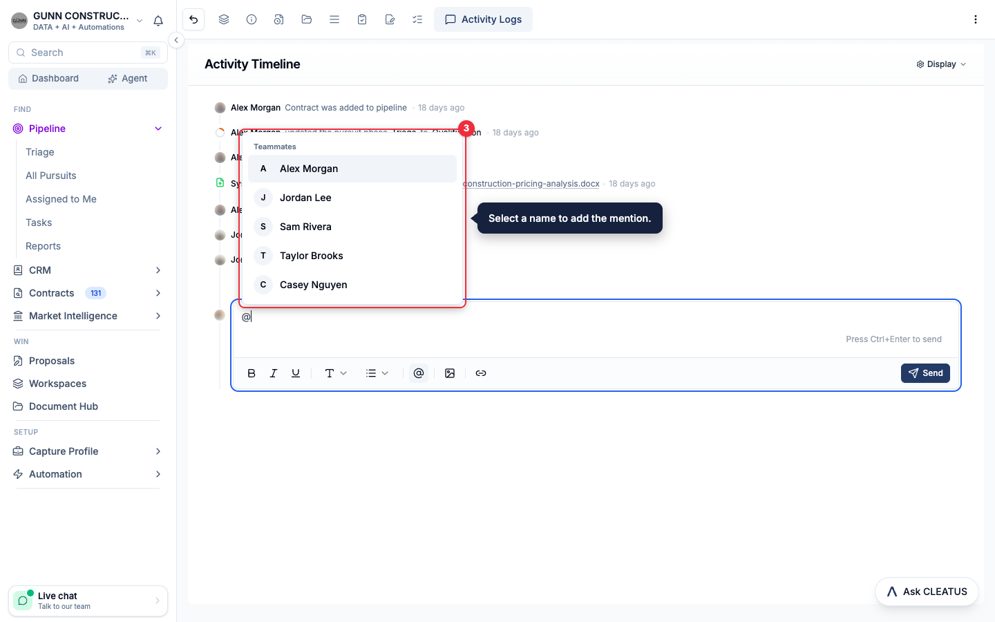 The mention list open above the note box on the Activity Logs tab, showing teammates