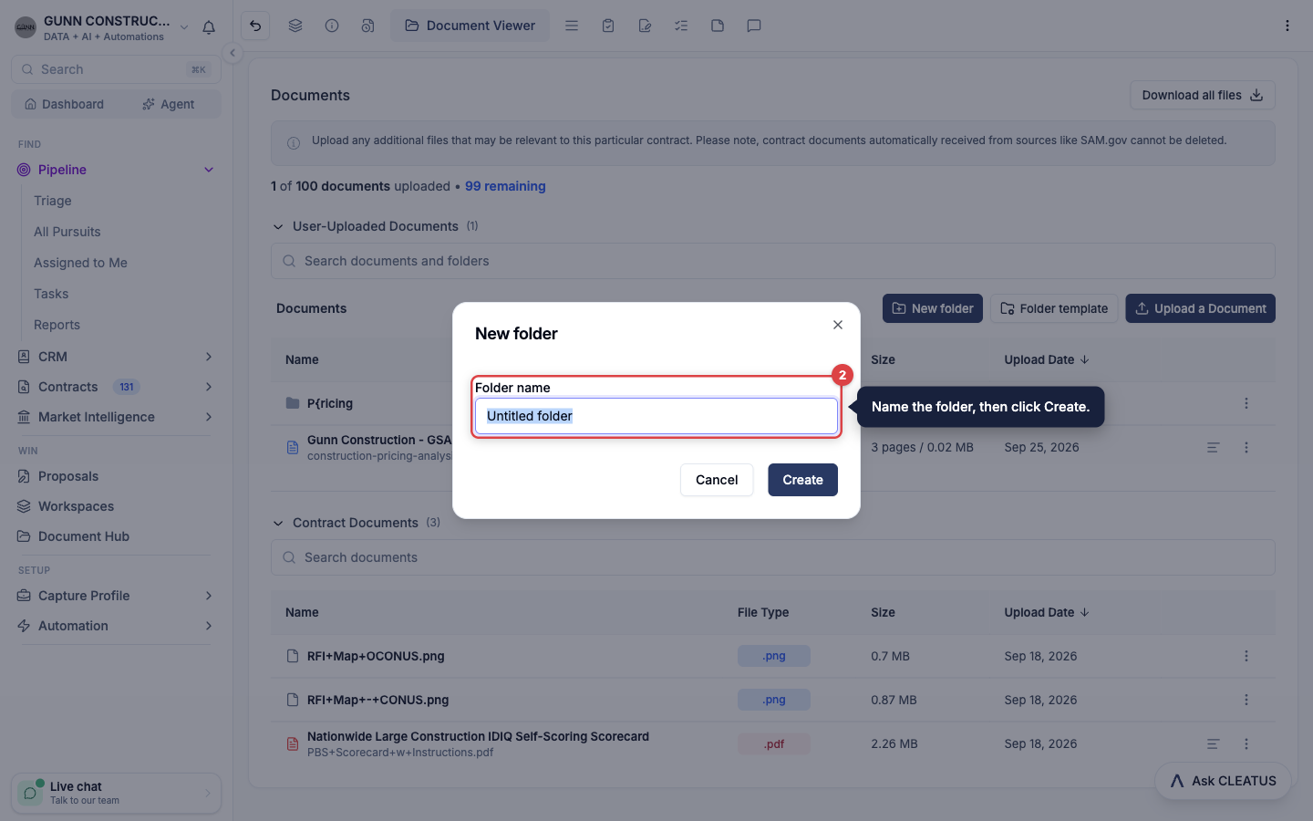 The New folder dialog, with the Folder name field highlighted above Cancel and Create