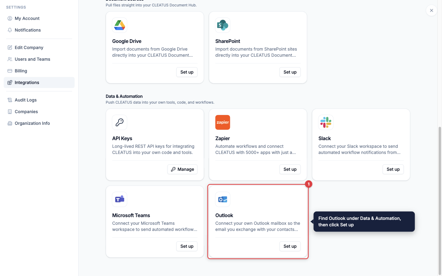 The Outlook card highlighted under Data & Automation on the Integrations page