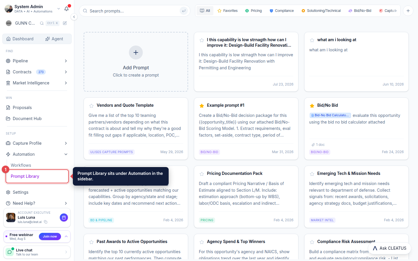 The Prompt Library link highlighted under Automation in the sidebar