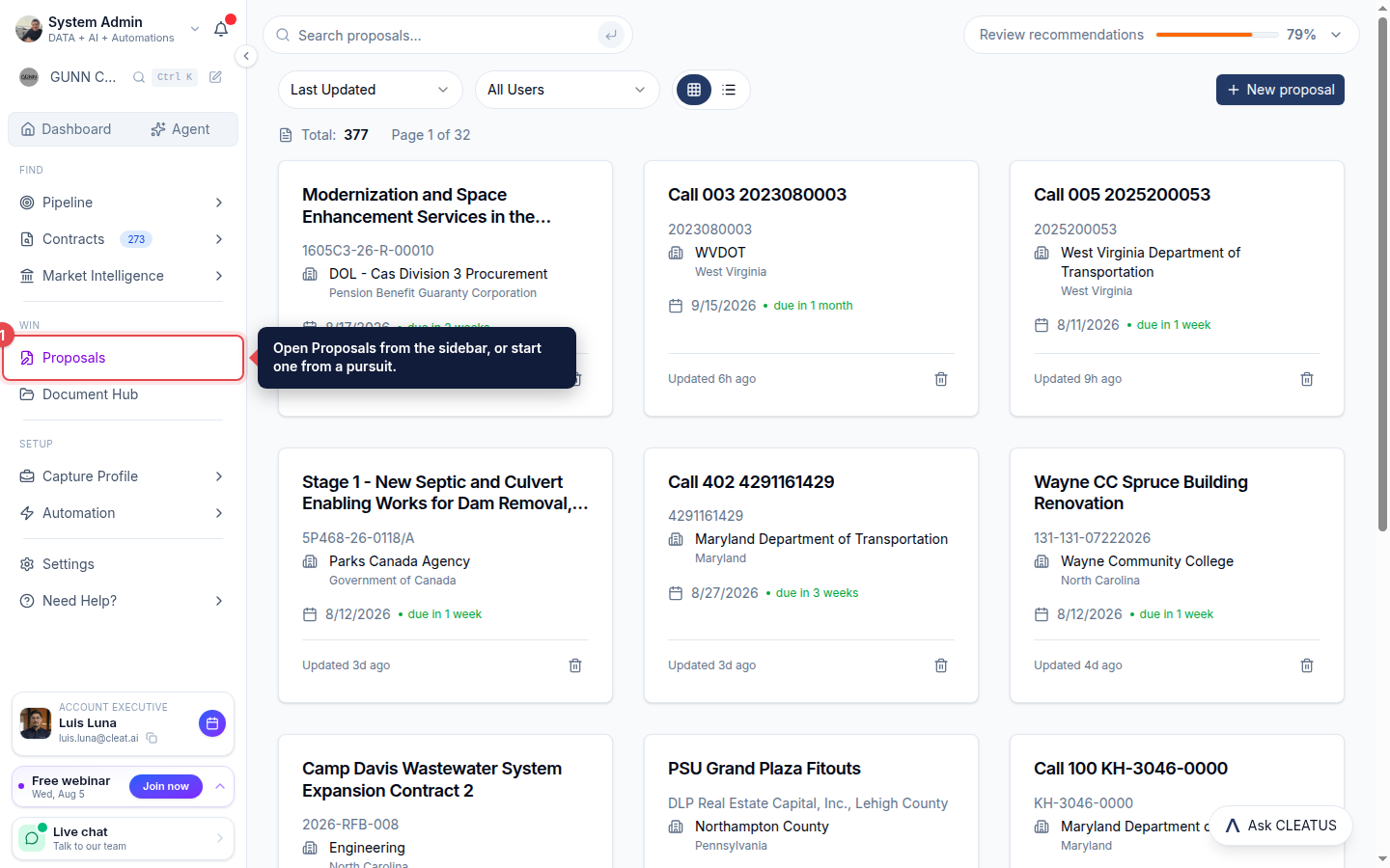 The Proposals link highlighted in the sidebar