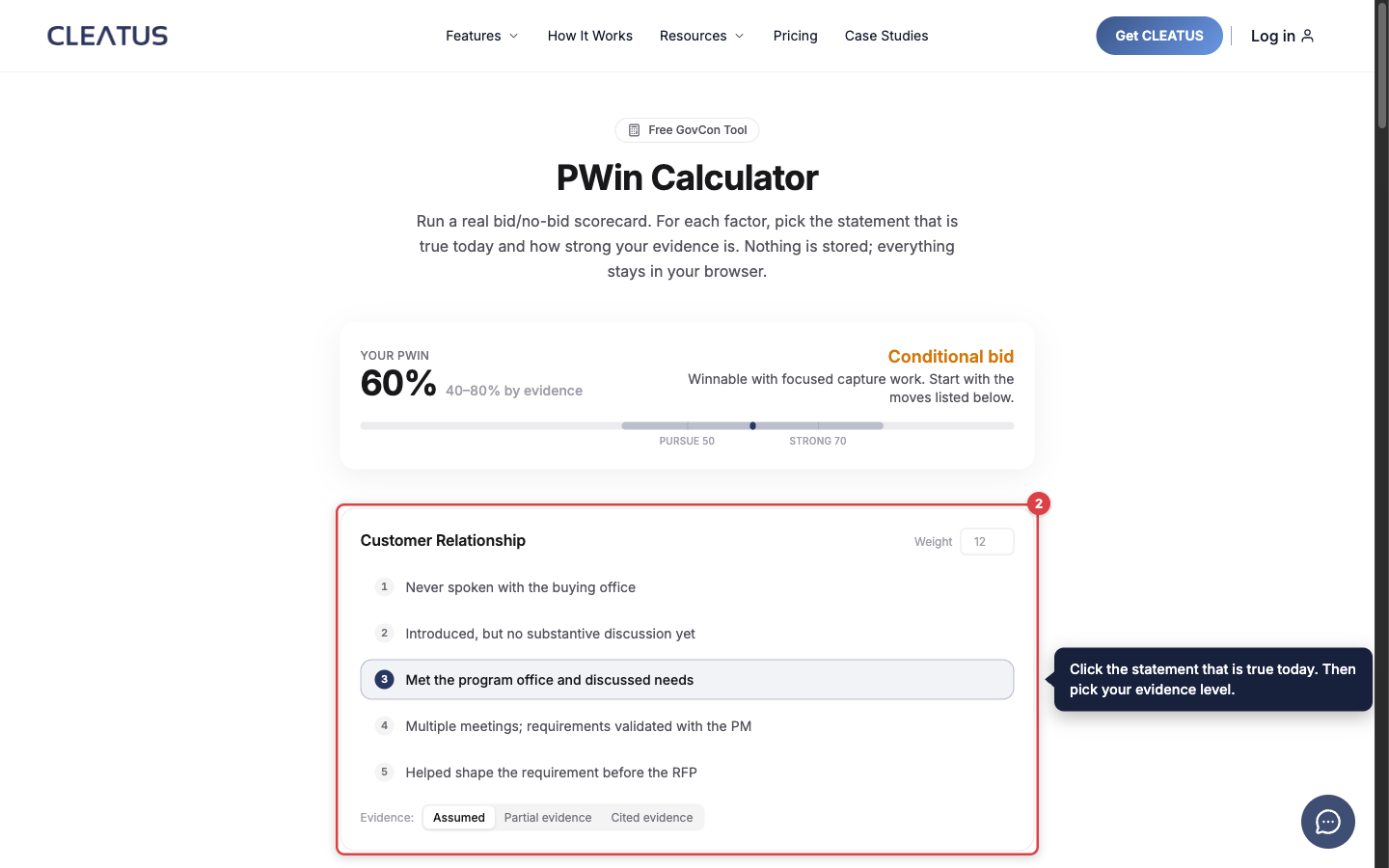 A Customer Relationship factor card with five statements, the Weight box, and the Evidence toggle, below the PWin score bar