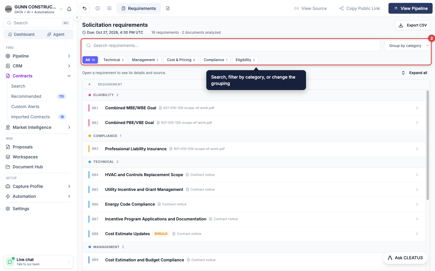 The requirement search bar, the category buttons, and the grouping menu highlighted on the Requirements tab