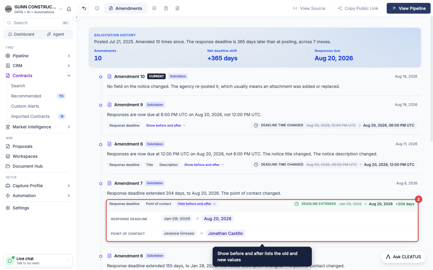 An amendment entry on the Amendments tab with its before and after values open and highlighted