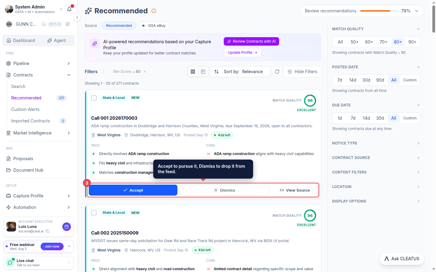 The Accept, Dismiss, and View Source actions highlighted on a card