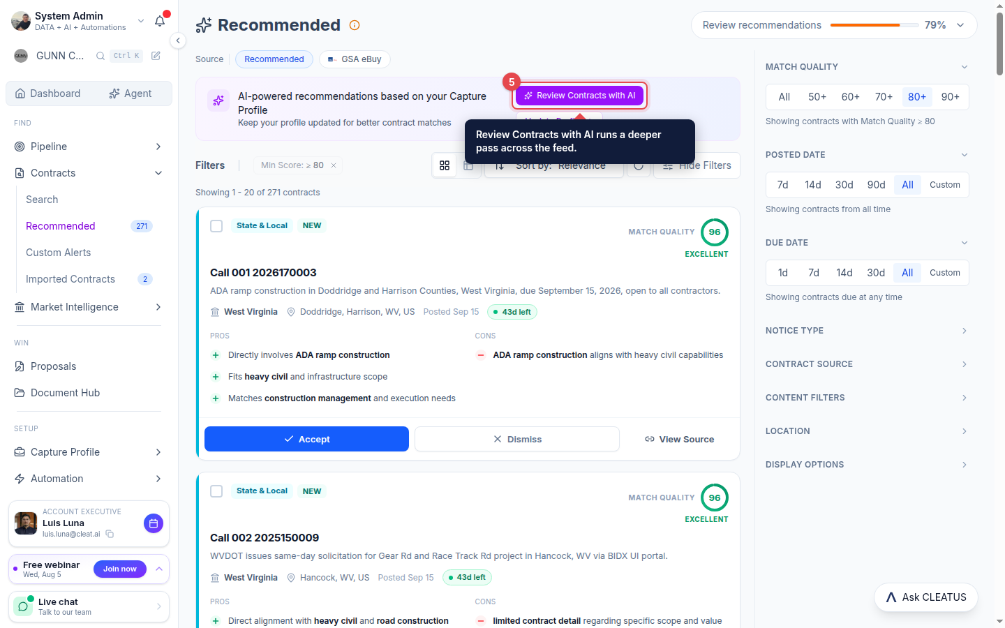 The Review Contracts with AI button highlighted