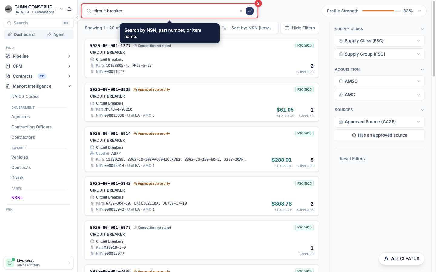 The NSN search box highlighted above parts that match an item name search