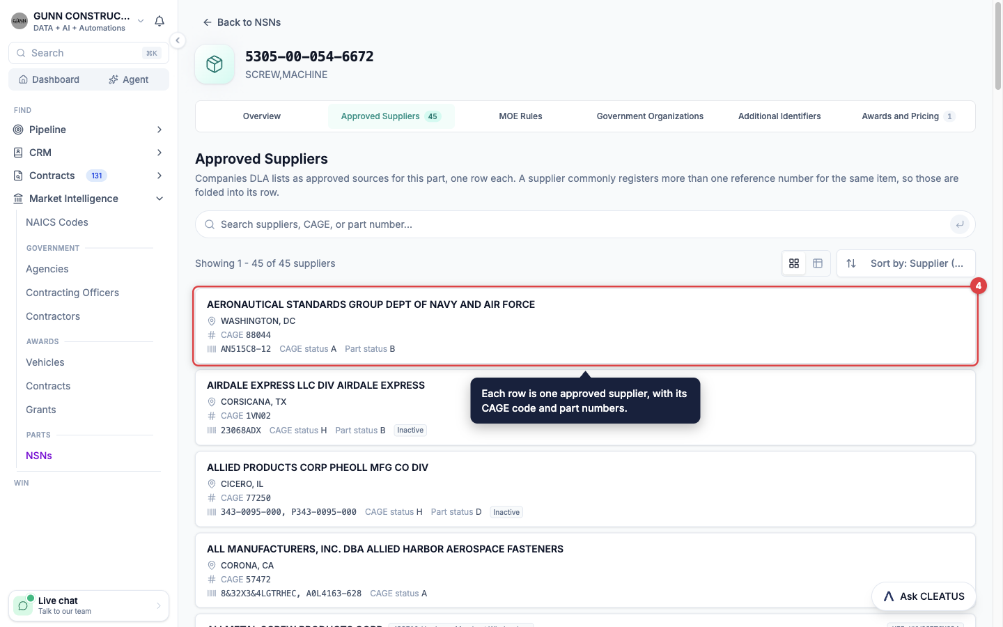 One supplier row highlighted on the Approved Suppliers tab of a part