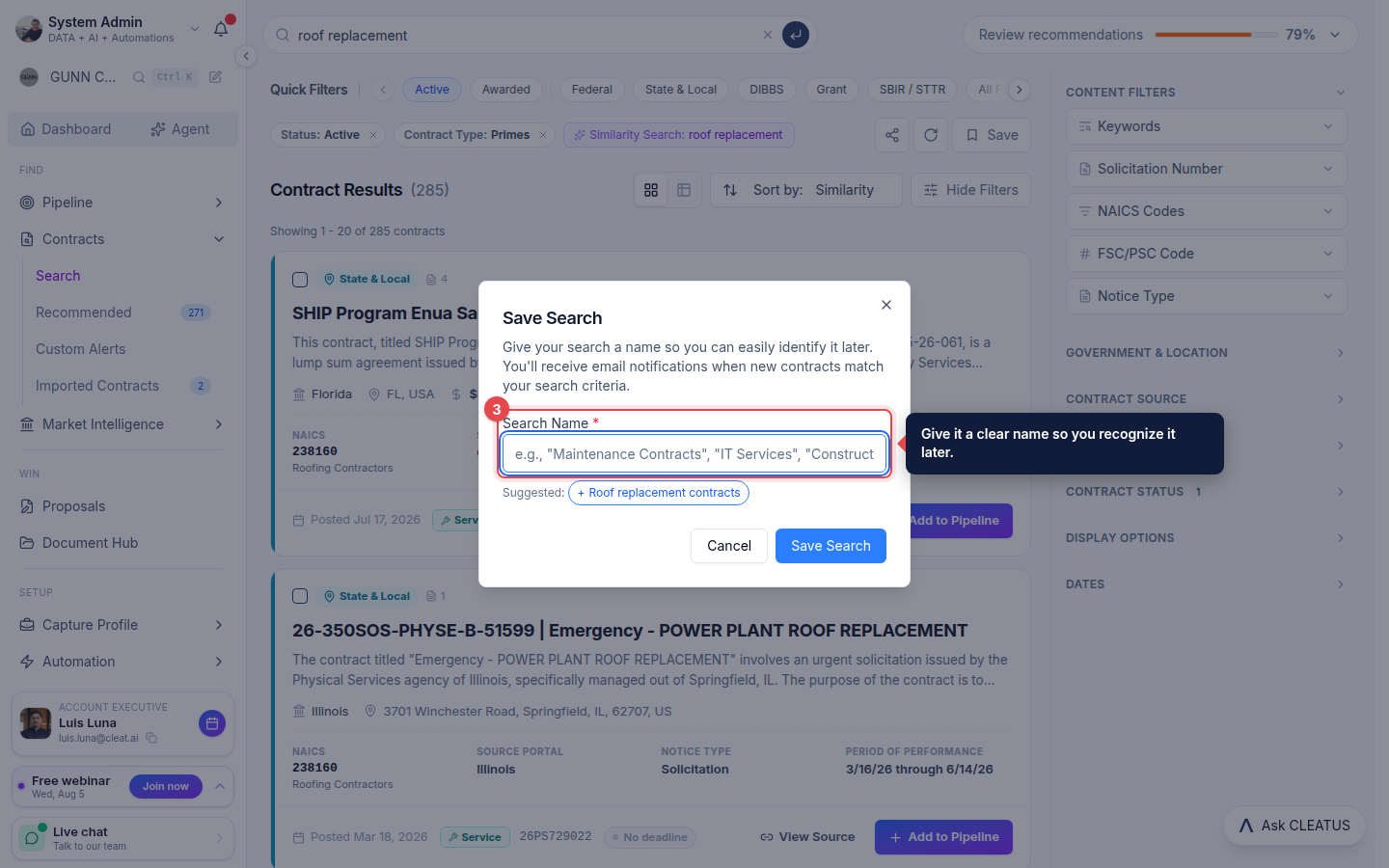 The Search Name field highlighted in the Save Search dialog