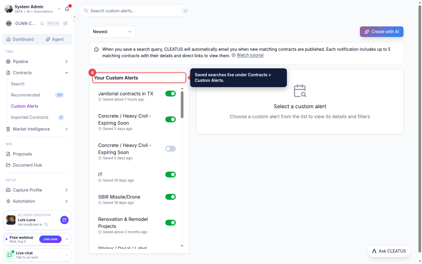 The Your Custom Alerts list highlighted on the Custom Alerts page