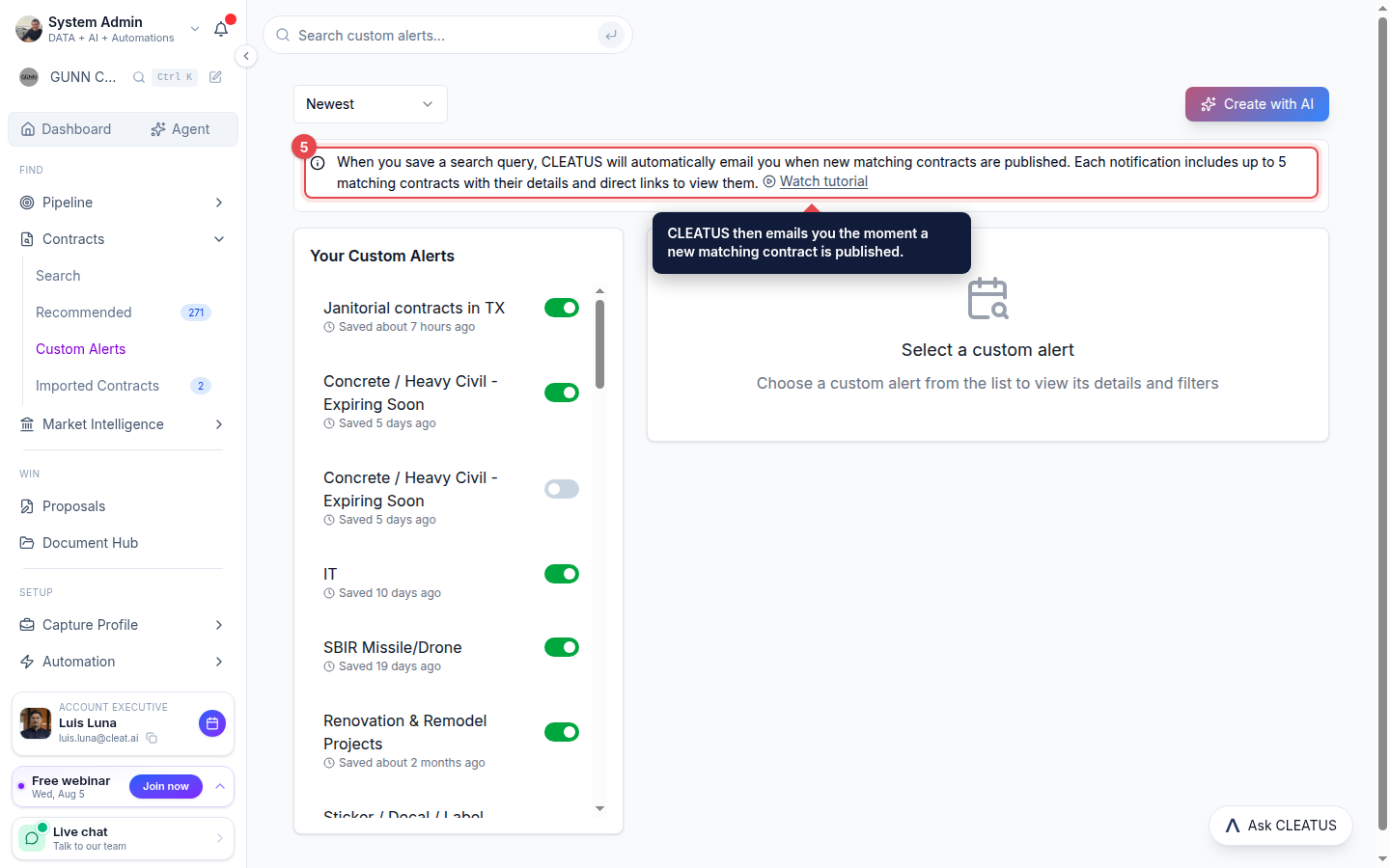 The alert notification explainer highlighted on the Custom Alerts page