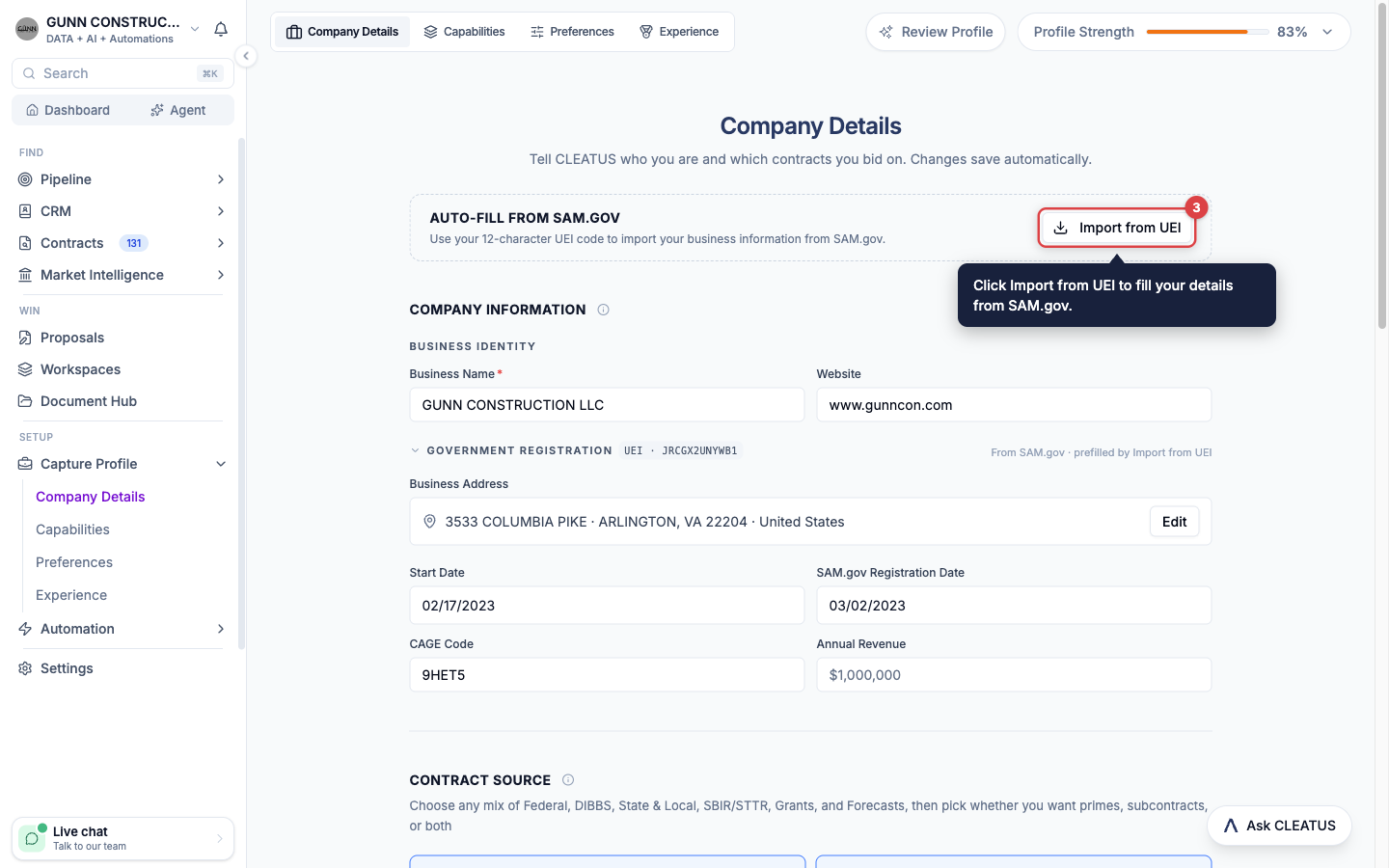 The Import from UEI button highlighted on the Company Details tab