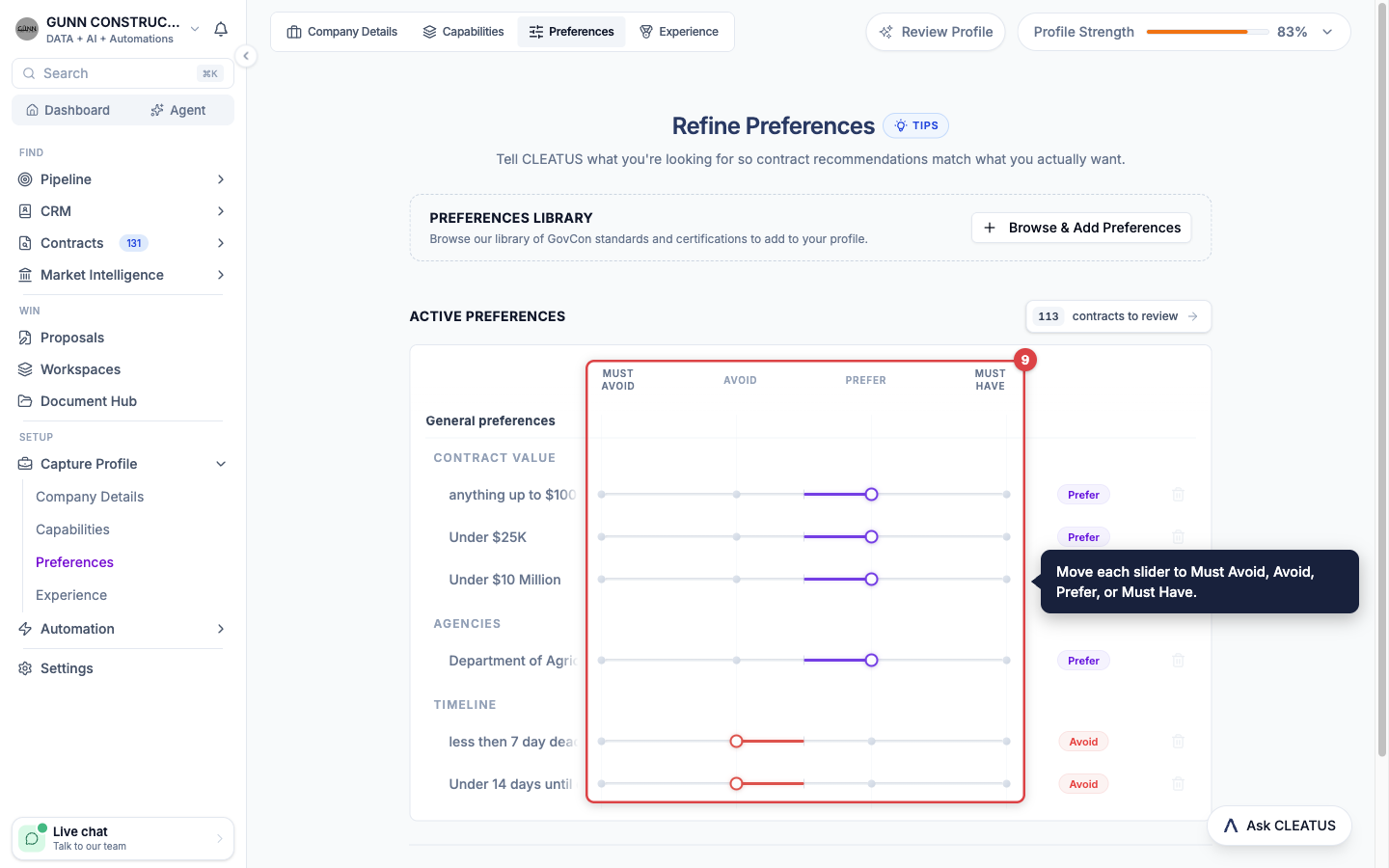 The preference sliders highlighted under Must Avoid, Avoid, Prefer, and Must Have