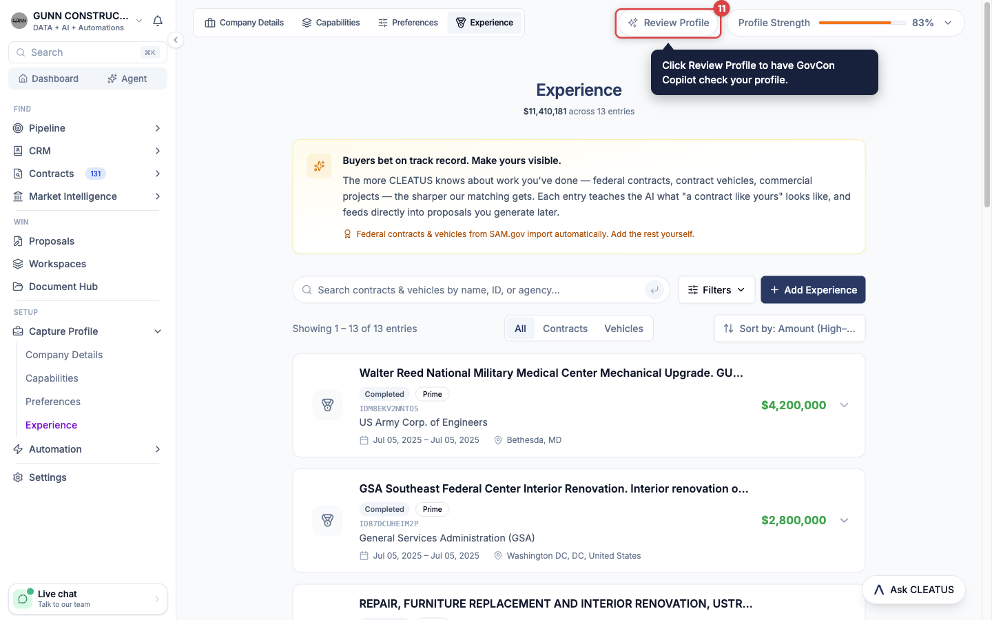 The Review Profile button highlighted at the top right of the Capture Profile
