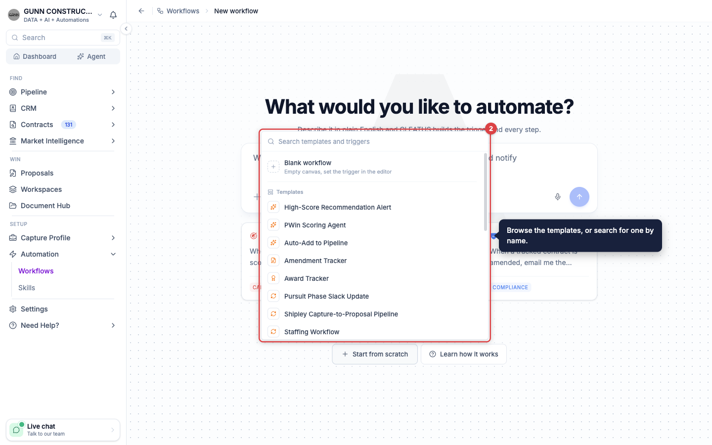 The Start from scratch list highlighted, with the search field, Blank workflow, and the templates
