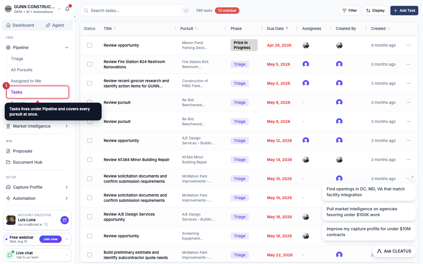 The Tasks link highlighted under Pipeline in the sidebar